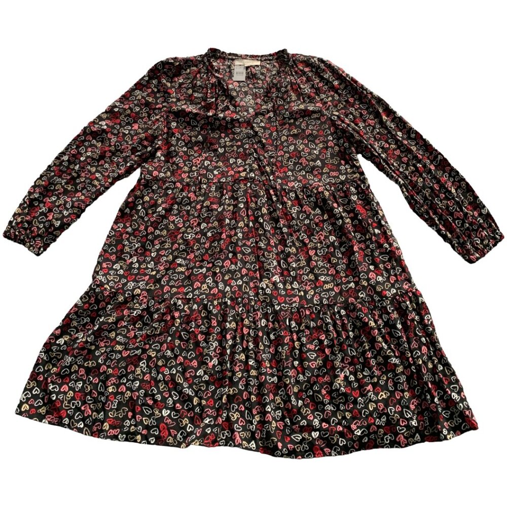 NWT LOFT Womens' Valentine's Heart Print Tie Neck Tiered Swing Mini Dress Size L - Picture 6 of 8